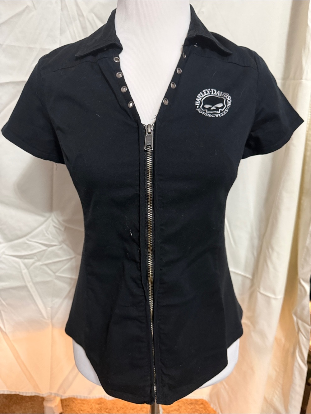 Harley-Davidson Black Short-Sleeve Zip-Up Shirt Jacket with Skull Logo